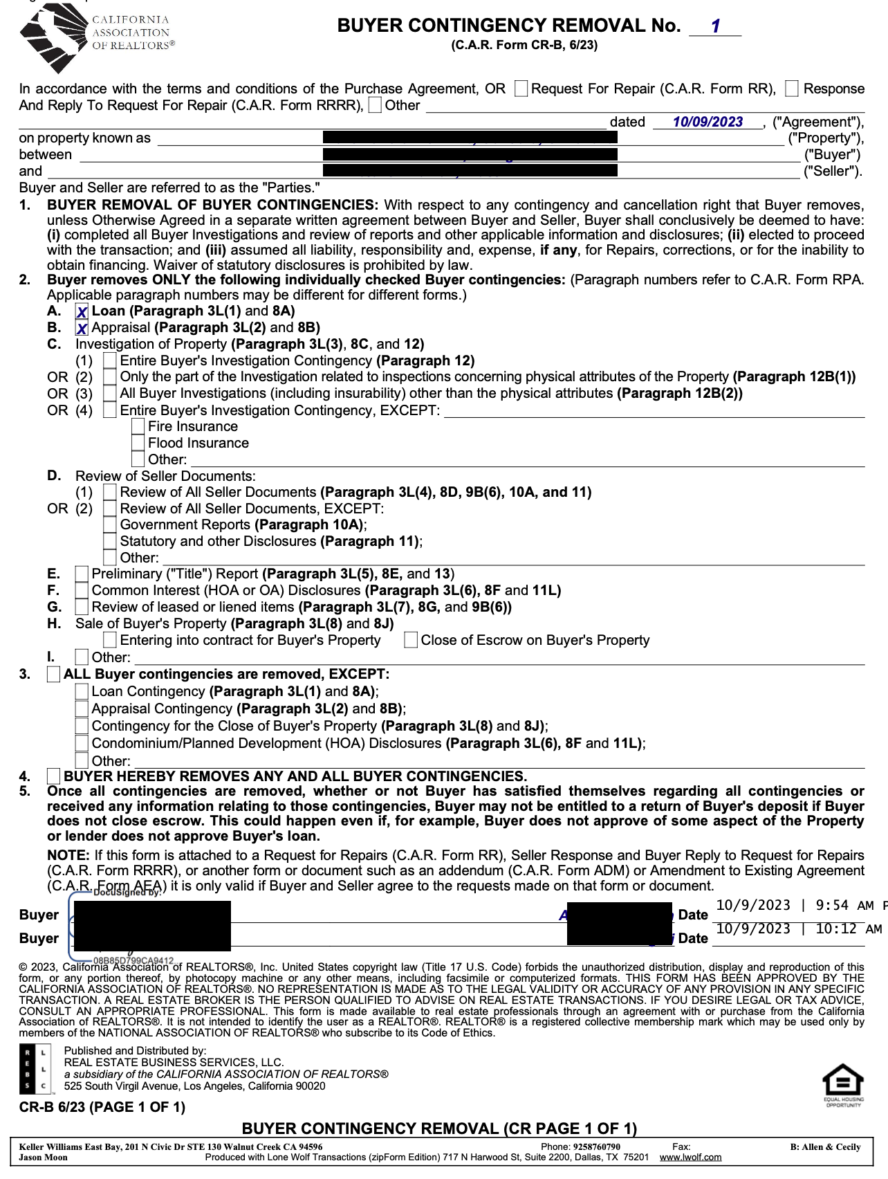Contingency removal form