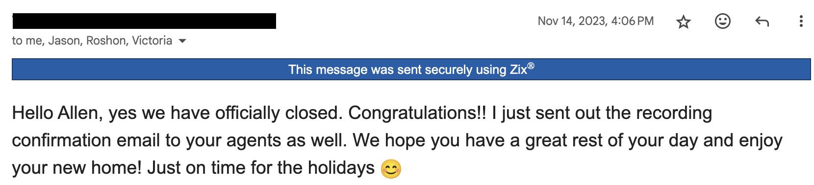 Closing confirmation