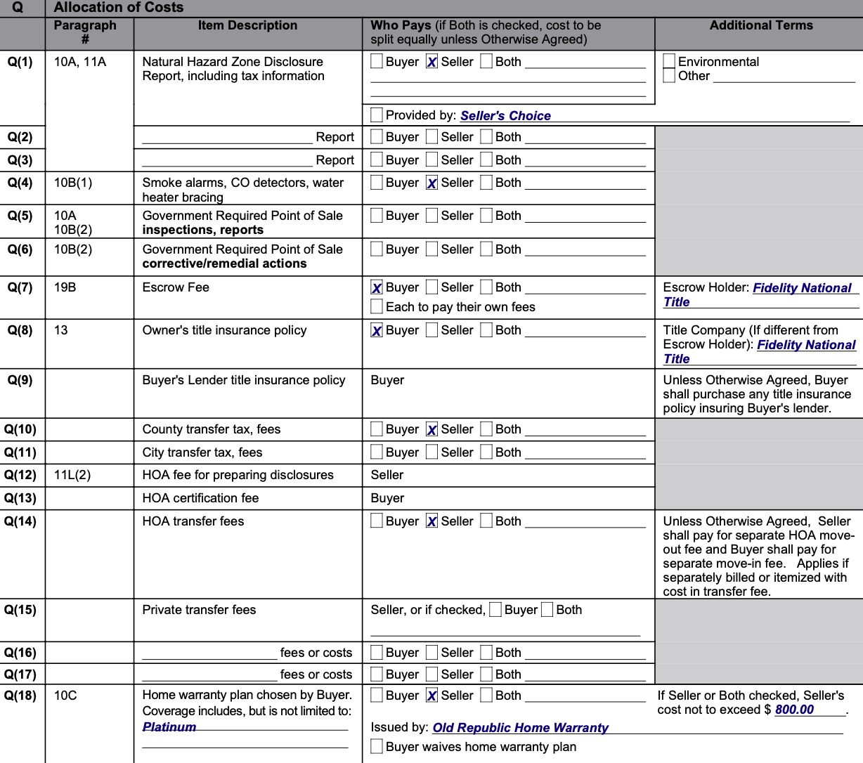Example allocation of costs