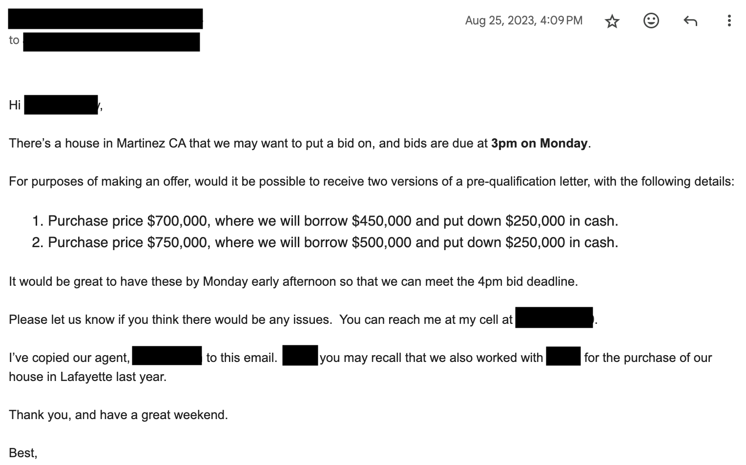 Email asking for the prequalification letter